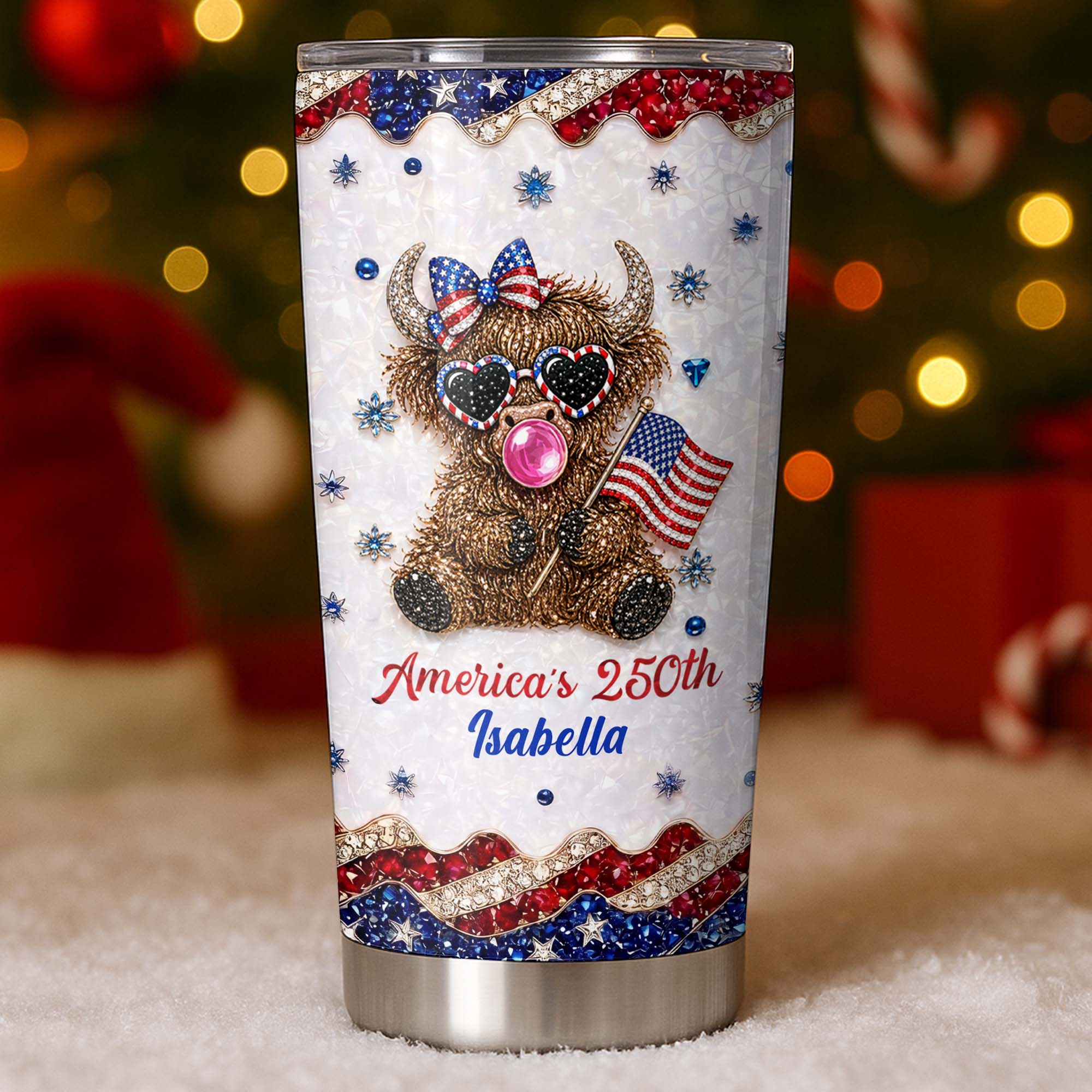 Personalized Highland Cow Tumbler with American Flag 4th of July Gift
