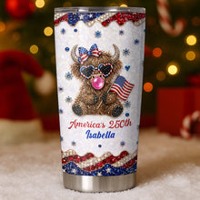 Load image into Gallery viewer, Personalized Highland Cow Tumbler with American Flag 4th of July Gift
