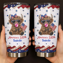 Load image into Gallery viewer, Personalized Highland Cow Tumbler with American Flag 4th of July Gift
