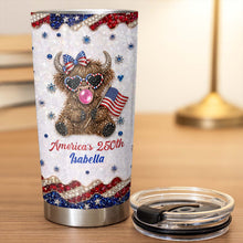 Load image into Gallery viewer, Personalized Highland Cow Tumbler with American Flag 4th of July Gift
