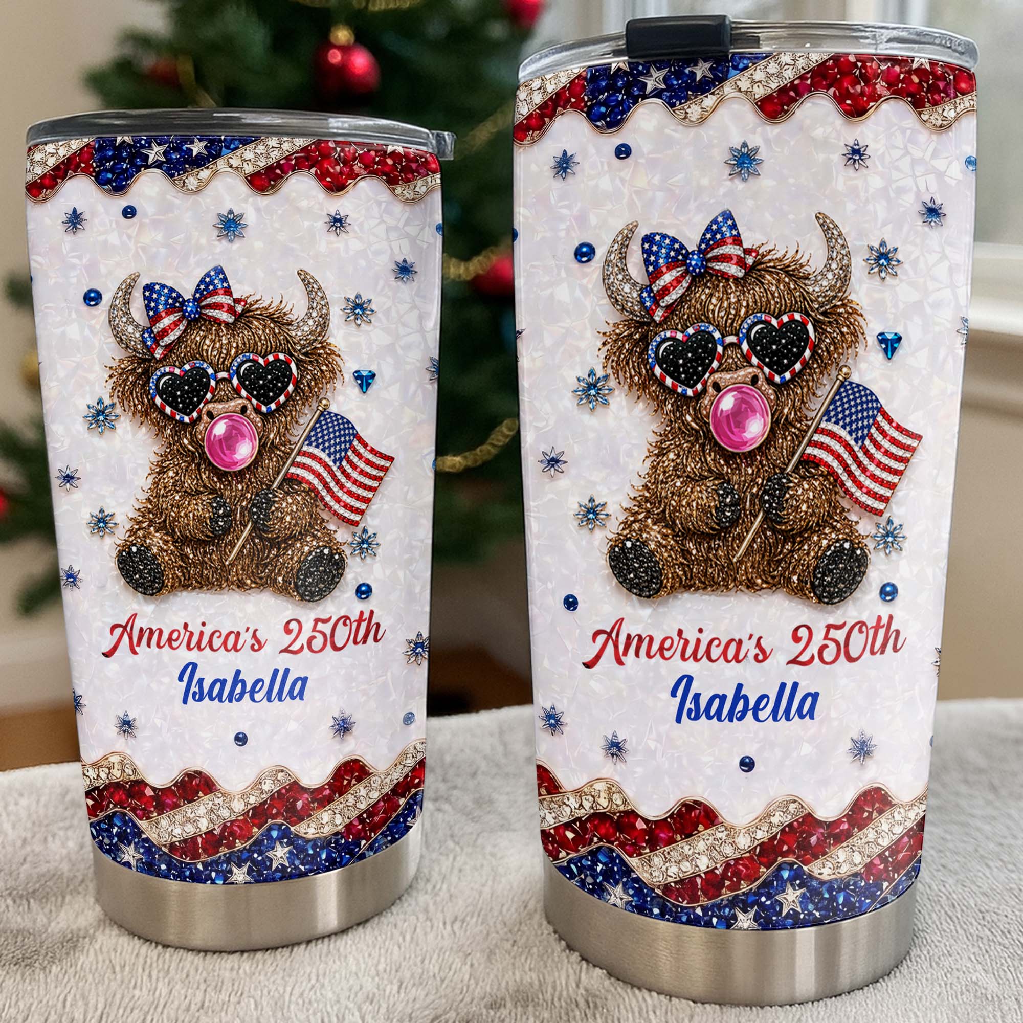 Personalized Highland Cow Tumbler with American Flag 4th of July Gift