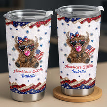Load image into Gallery viewer, Personalized Highland Cow Tumbler with American Flag 4th of July Gift
