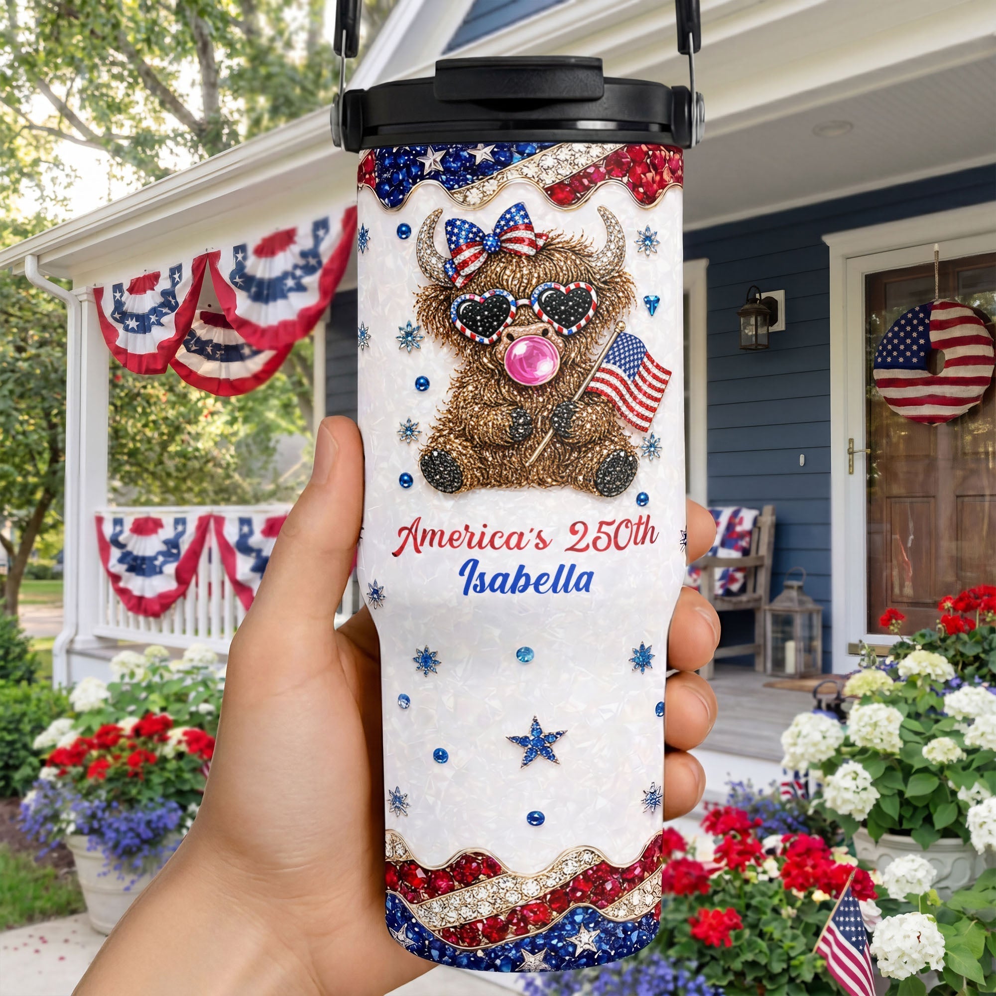 Personalized 30oz Tumbler with Handle American Flag Gift for Family