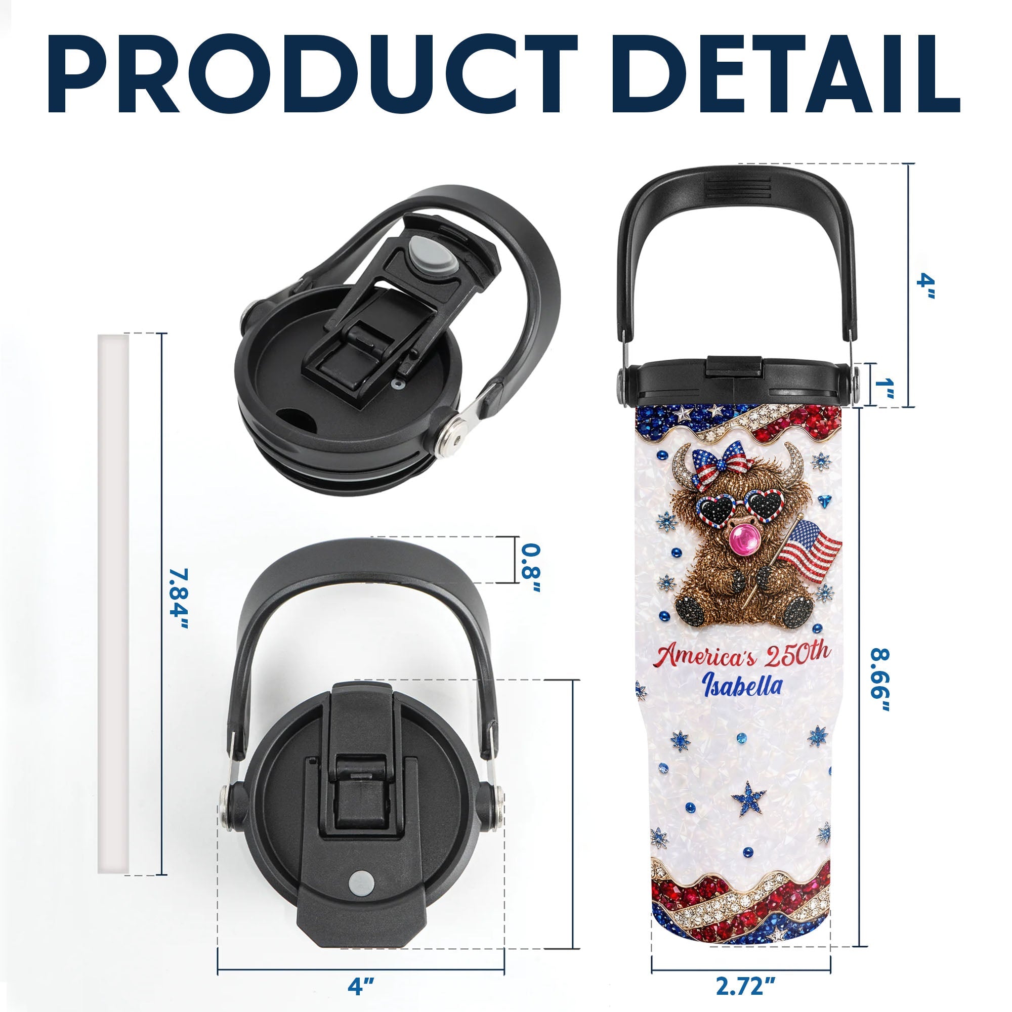 Personalized 30oz Tumbler with Handle American Flag Gift for Family