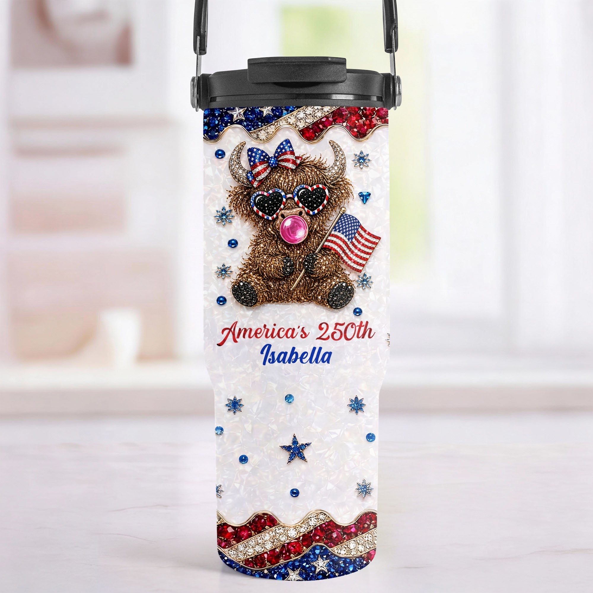 Personalized 30oz Tumbler with Handle American Flag Gift for Family