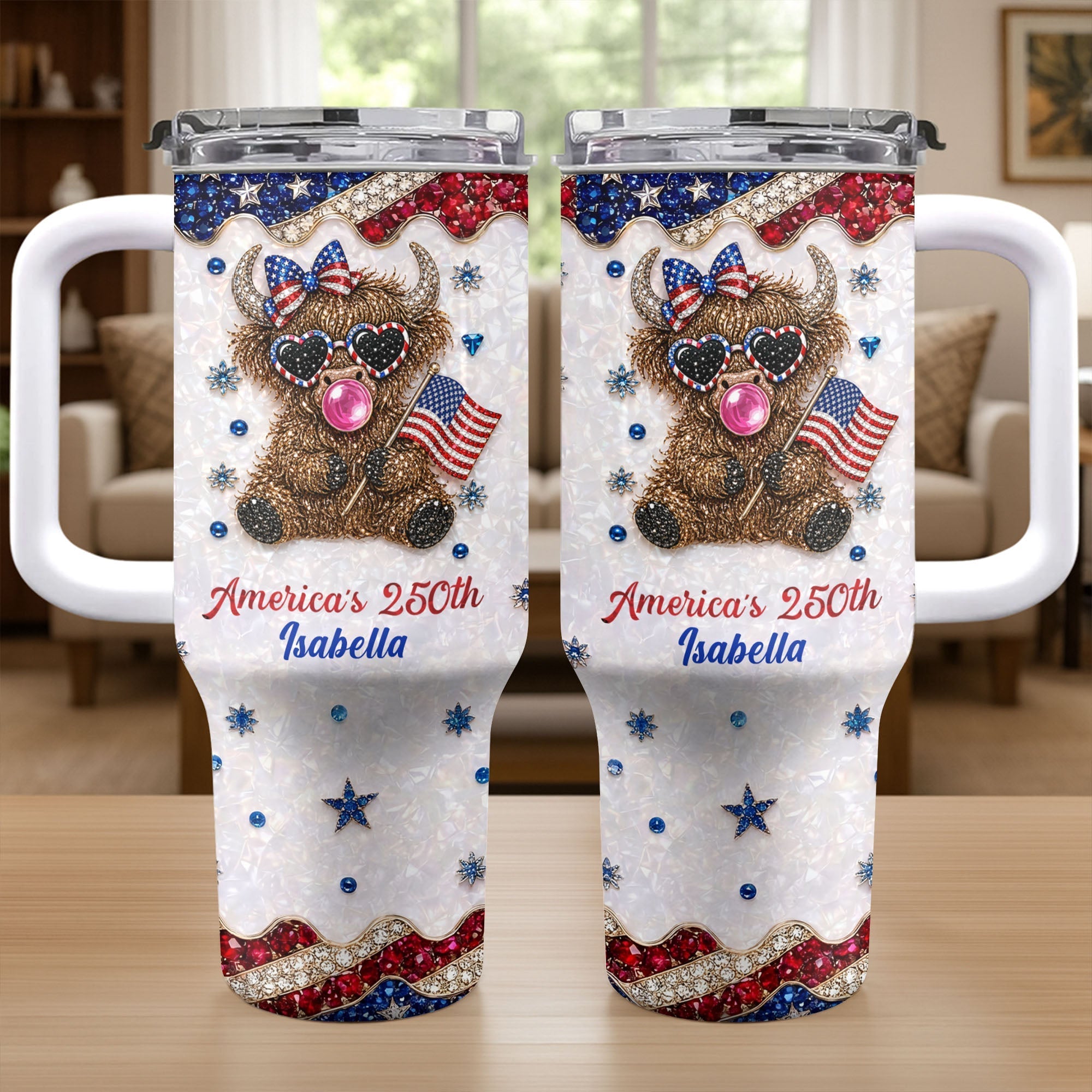 Personalized Patriotic 40oz Tumbler with Highland Cow for 4th of July
