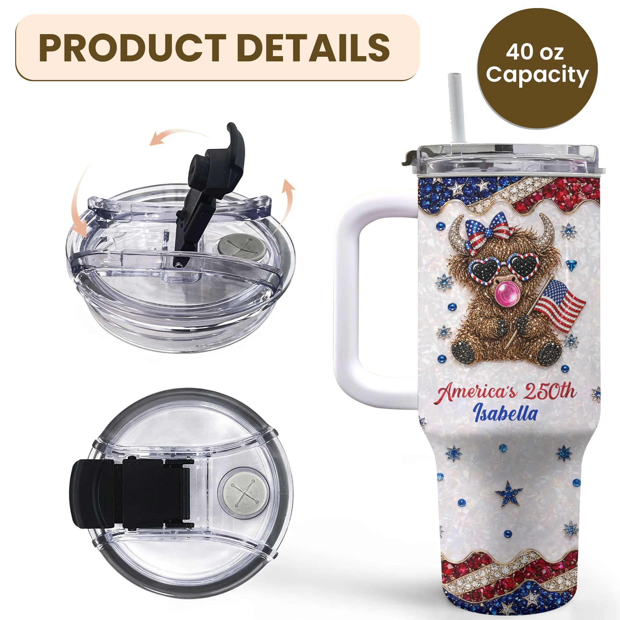 Personalized Patriotic 40oz Tumbler with Highland Cow for 4th of July