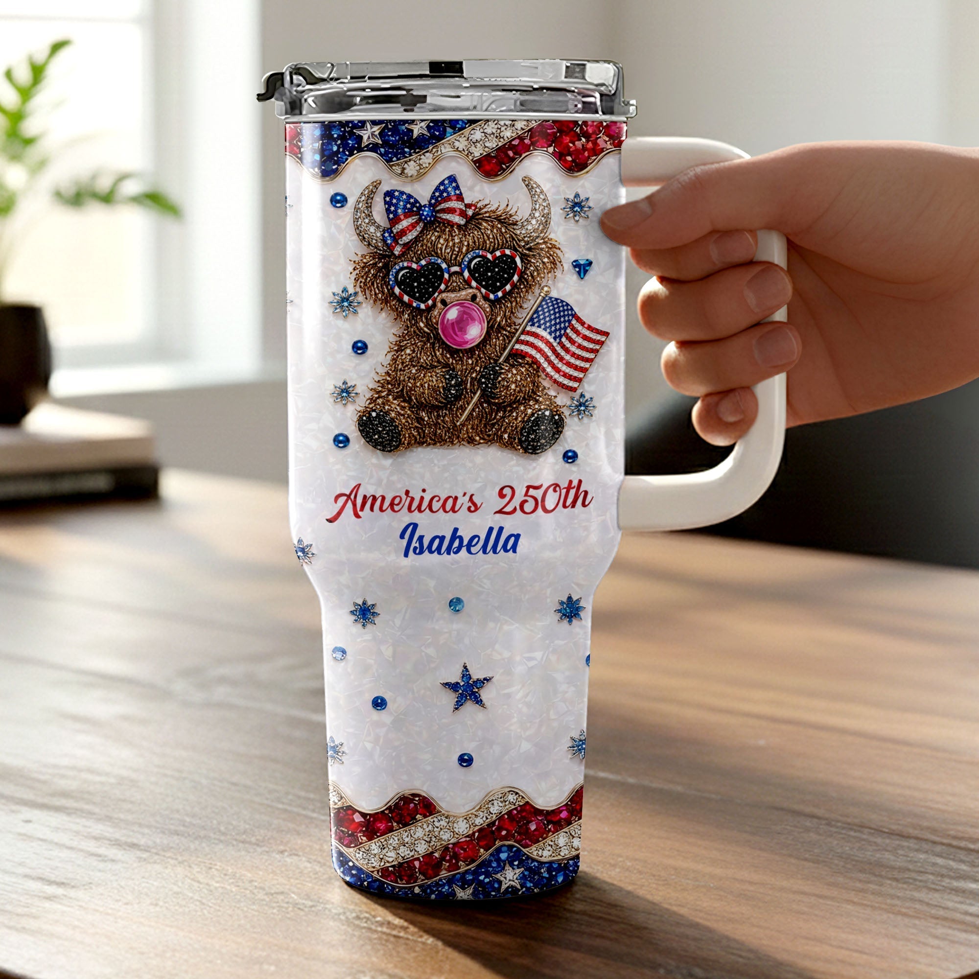 Personalized Patriotic 40oz Tumbler with Highland Cow for 4th of July