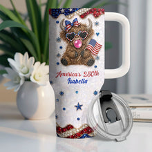 Load image into Gallery viewer, Personalized Patriotic 40oz Tumbler with Highland Cow for 4th of July
