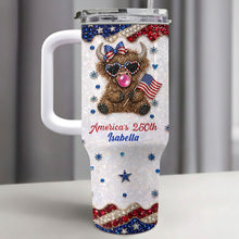 Load image into Gallery viewer, Personalized Patriotic 40oz Tumbler with Highland Cow for 4th of July
