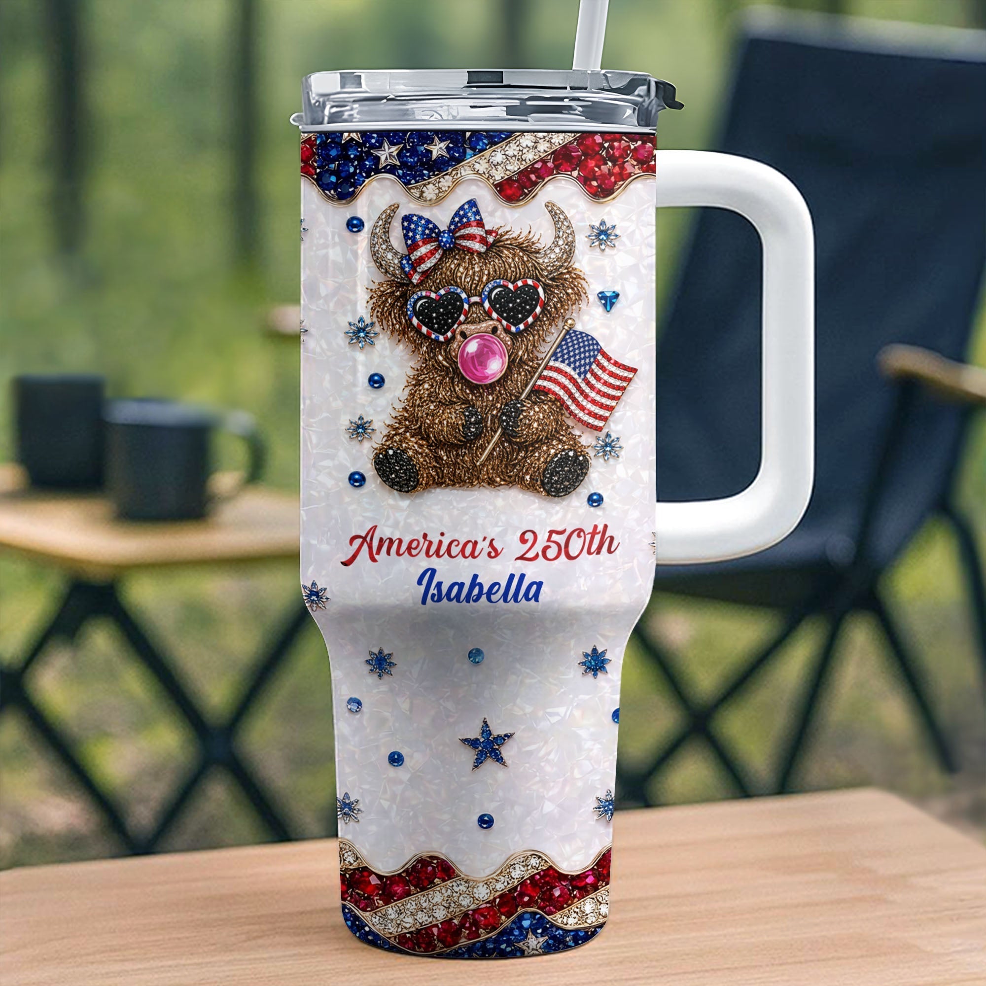 Personalized Patriotic 40oz Tumbler with Highland Cow for 4th of July