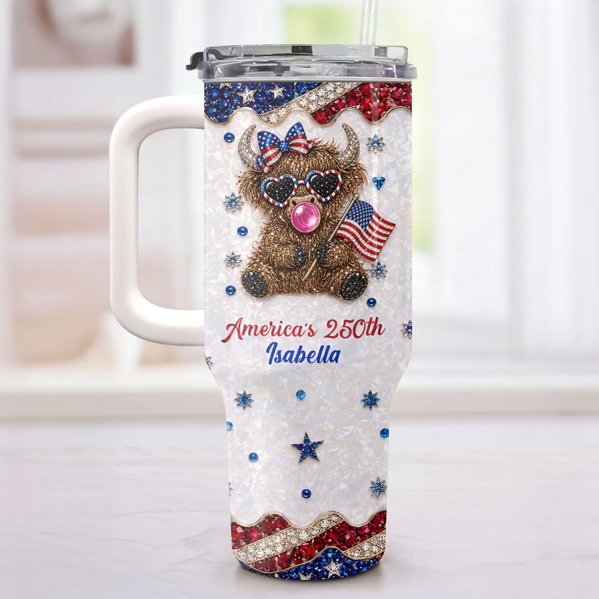 Personalized Patriotic 40oz Tumbler with Highland Cow for 4th of July