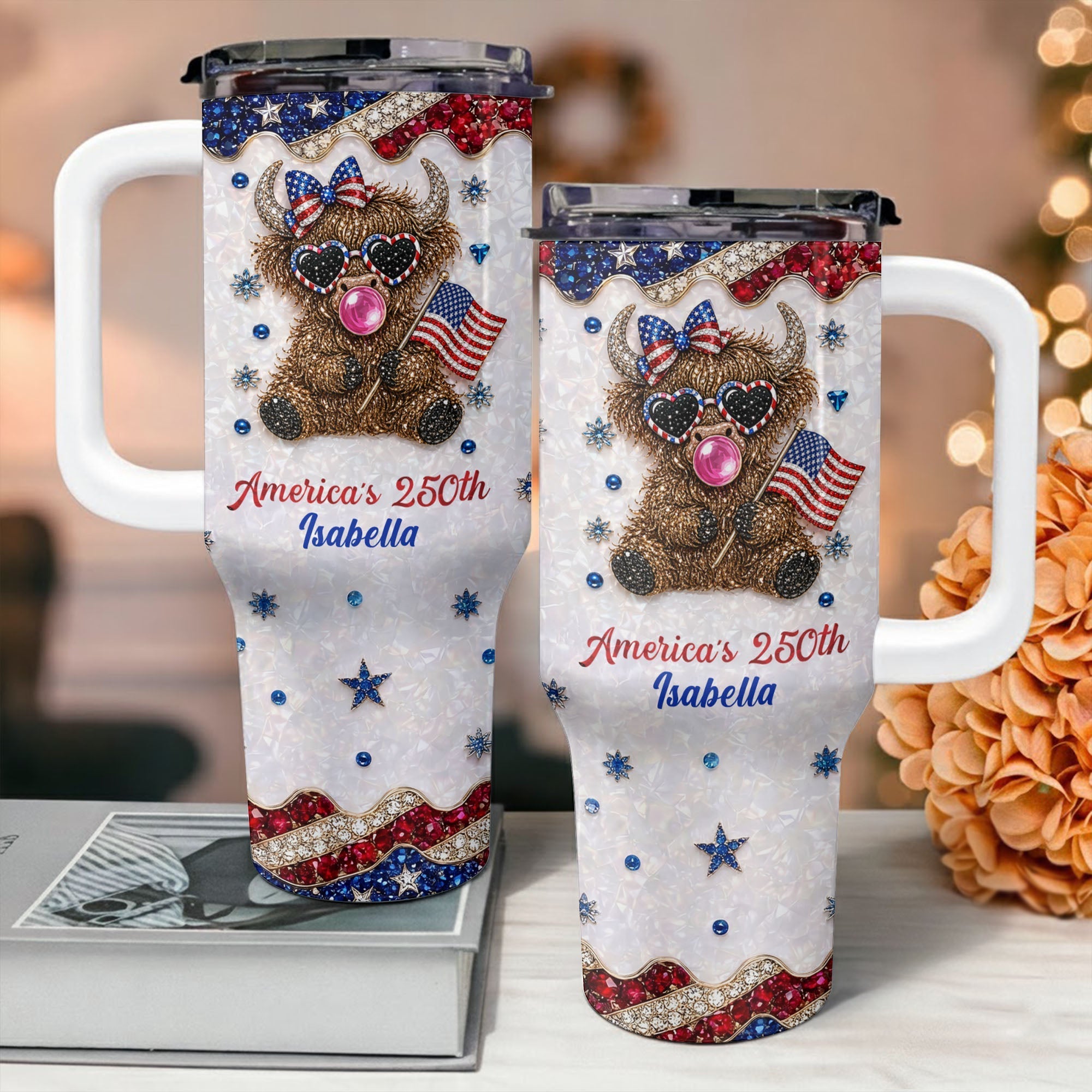 Personalized Patriotic 40oz Tumbler with Highland Cow for 4th of July