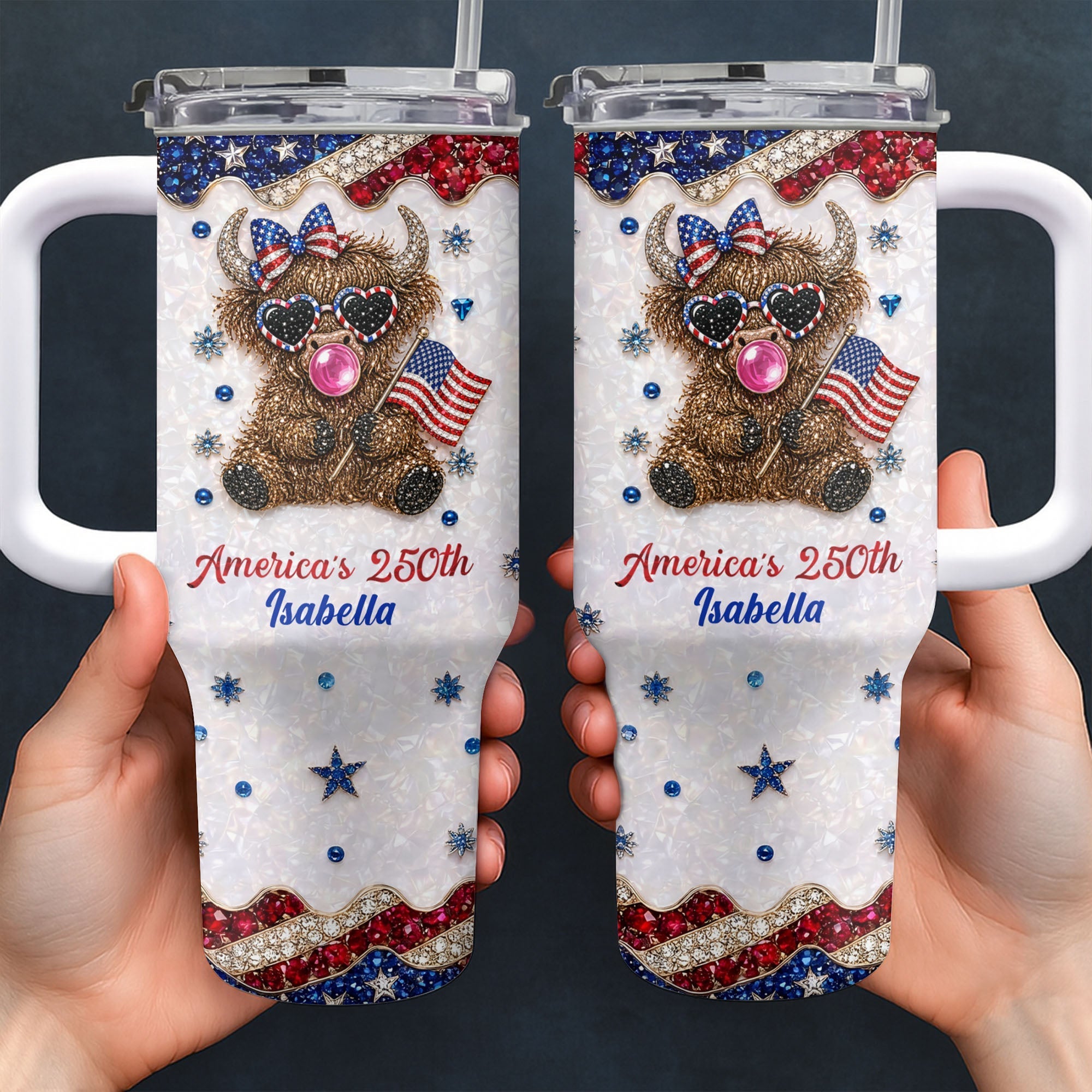 Personalized Patriotic 40oz Tumbler with Highland Cow for 4th of July