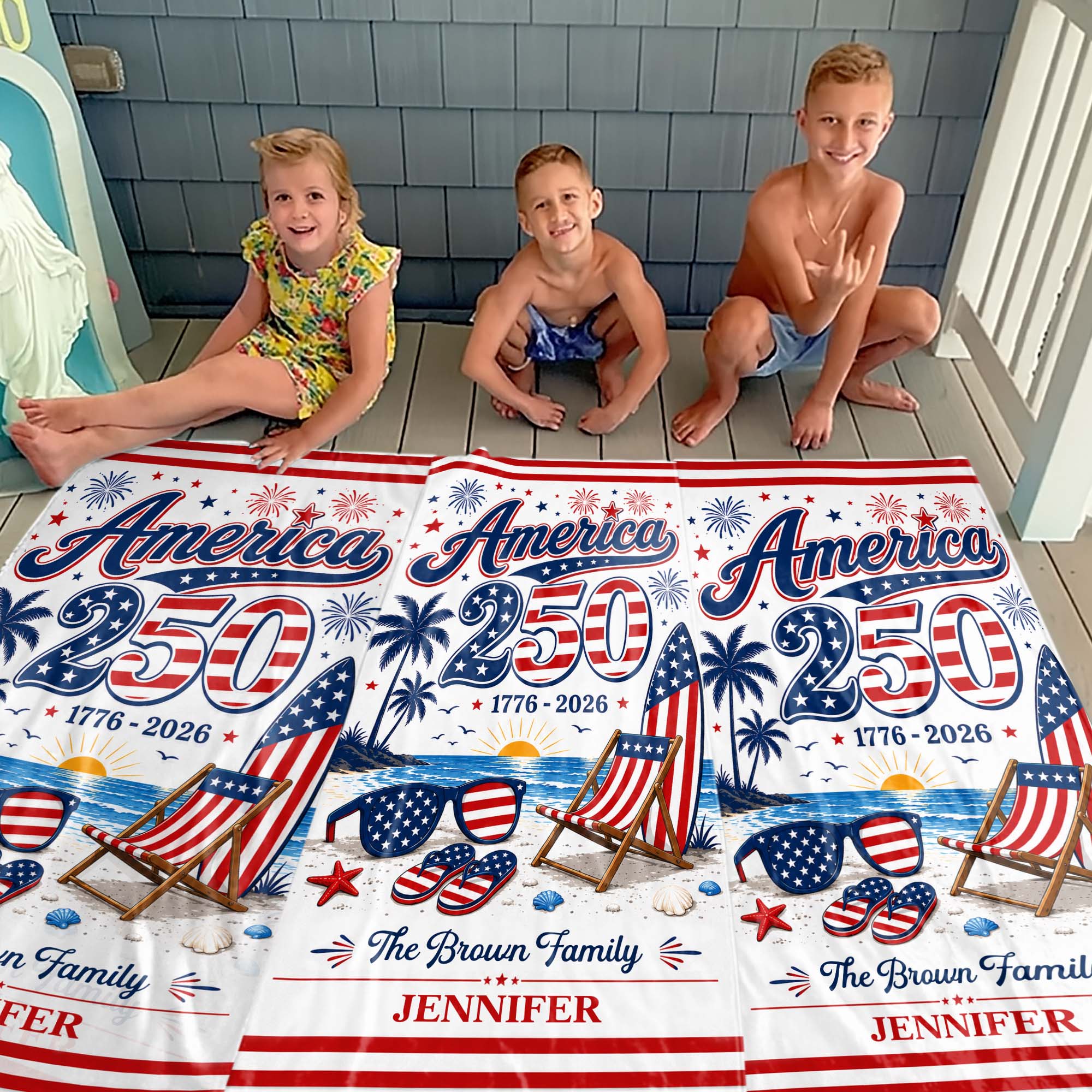 Personalized USA Flag Beach Towel Custom Family Name Gift