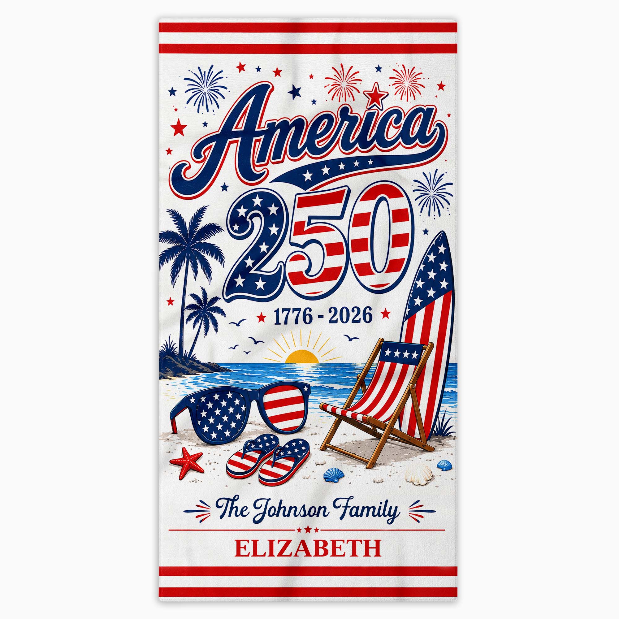 Personalized USA Flag Beach Towel Custom Family Name Gift