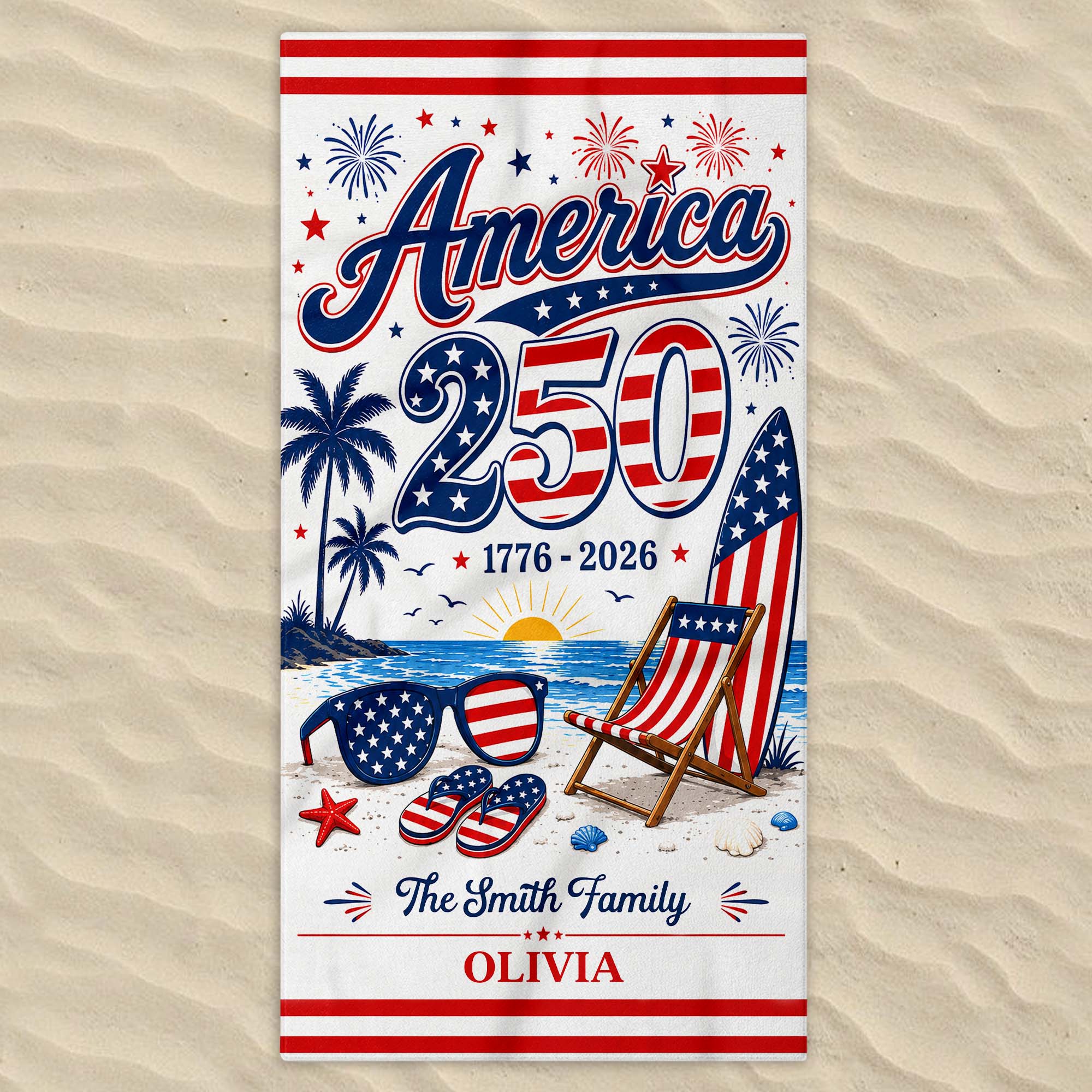 Personalized USA Flag Beach Towel Custom Family Name Gift