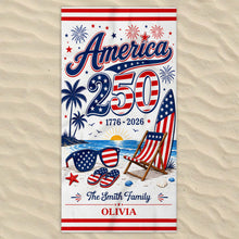 Load image into Gallery viewer, Personalized USA Flag Beach Towel Custom Family Name Gift
