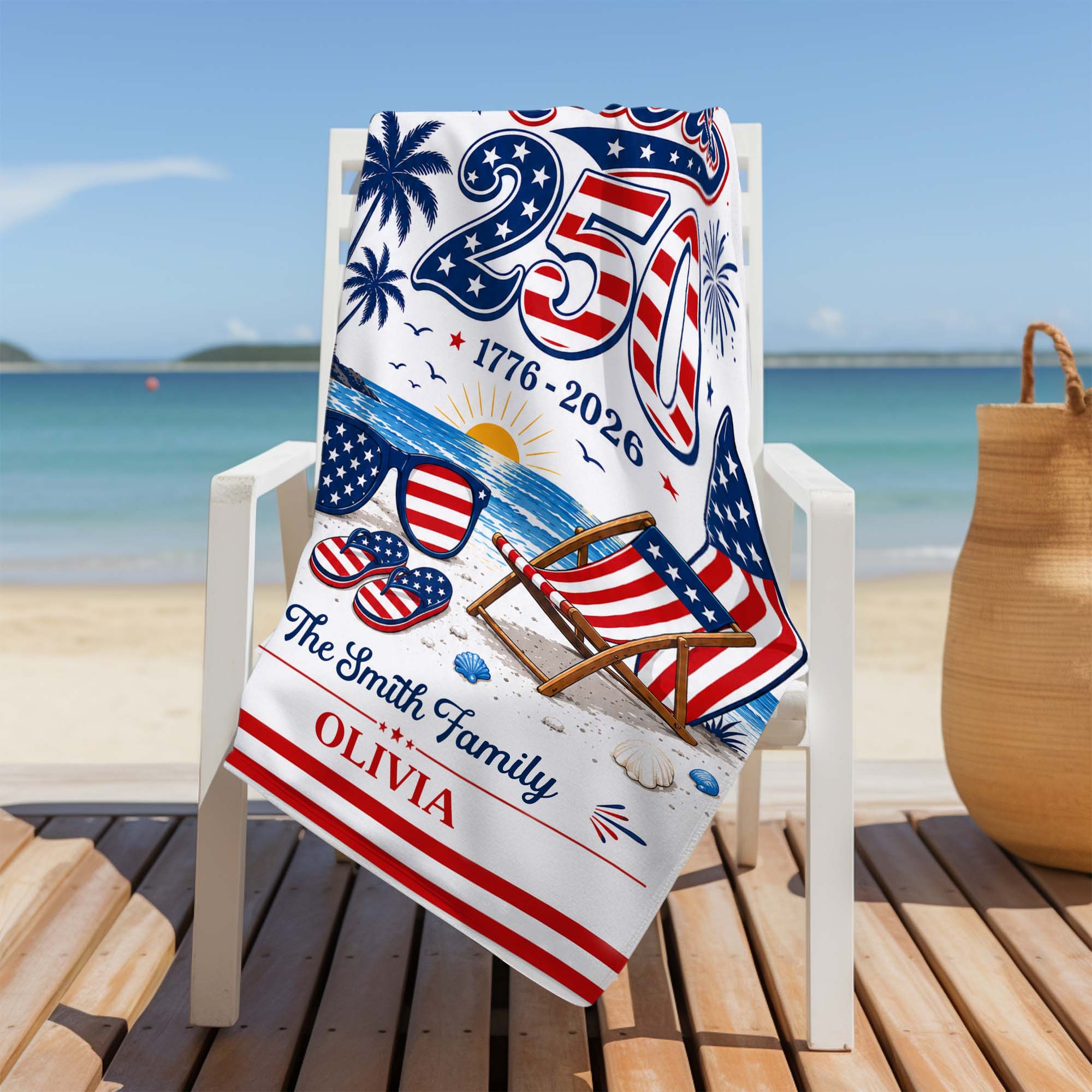 Personalized USA Flag Beach Towel Custom Family Name Gift