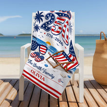 Load image into Gallery viewer, Personalized USA Flag Beach Towel Custom Family Name Gift
