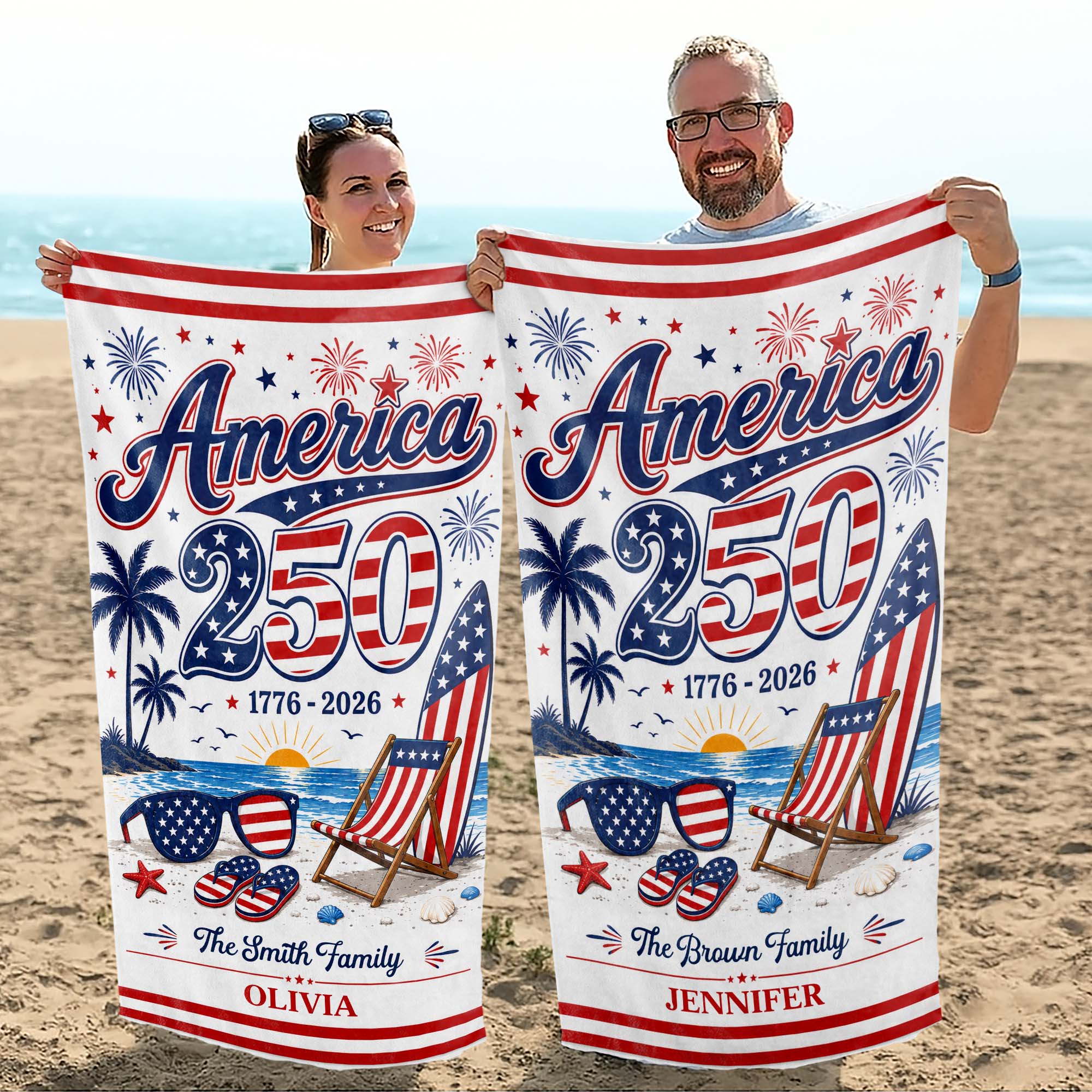 Personalized USA Flag Beach Towel Custom Family Name Gift