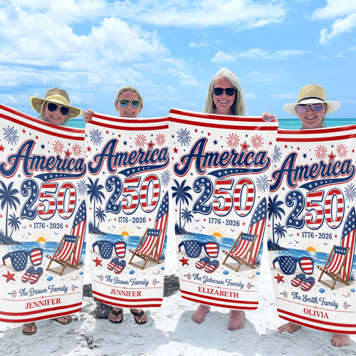 Personalized USA Flag Beach Towel Custom Family Name Gift