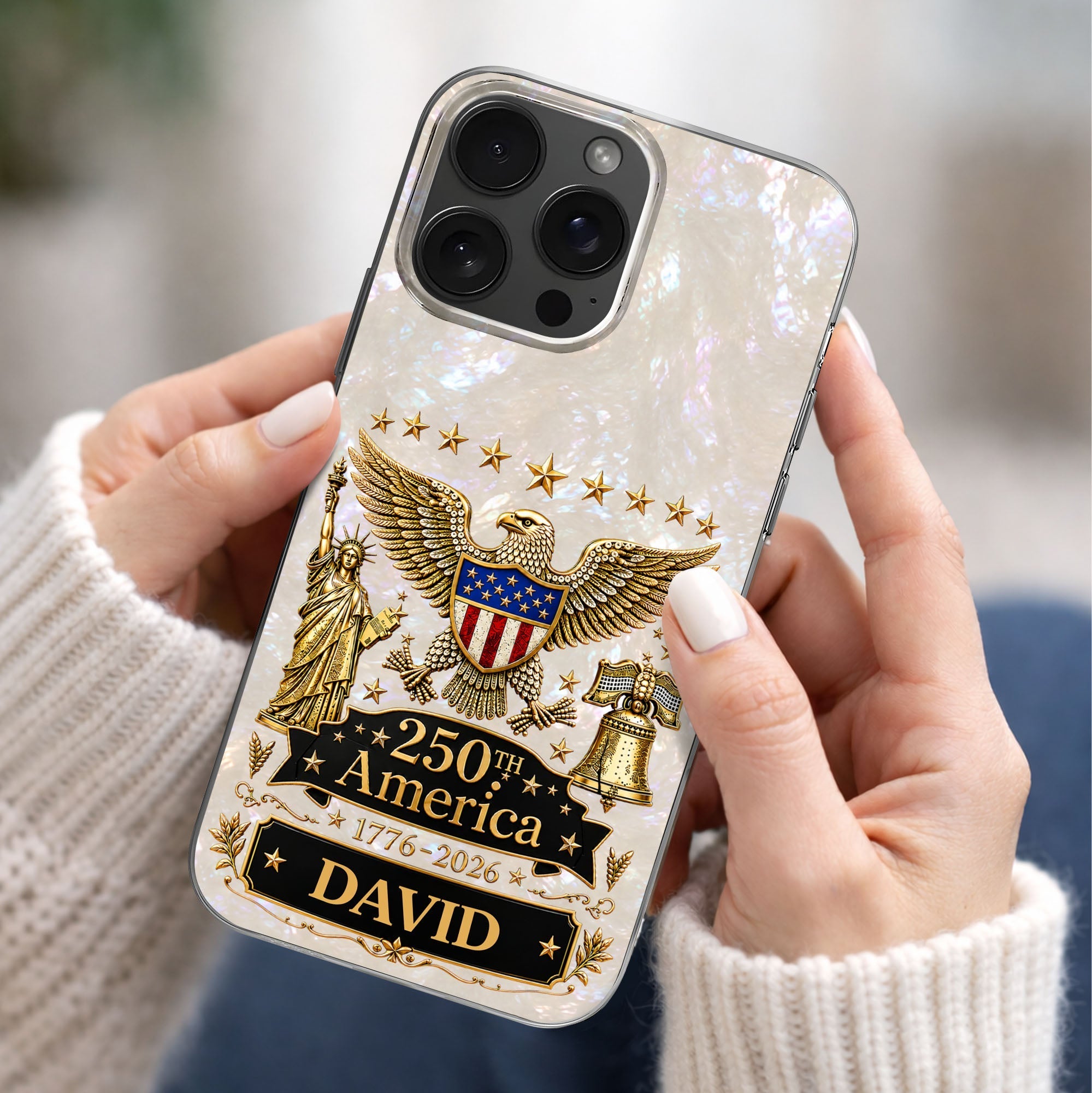 Personalized Clear Phone Case Eagle Statue Liberty Bell Gift for Dad