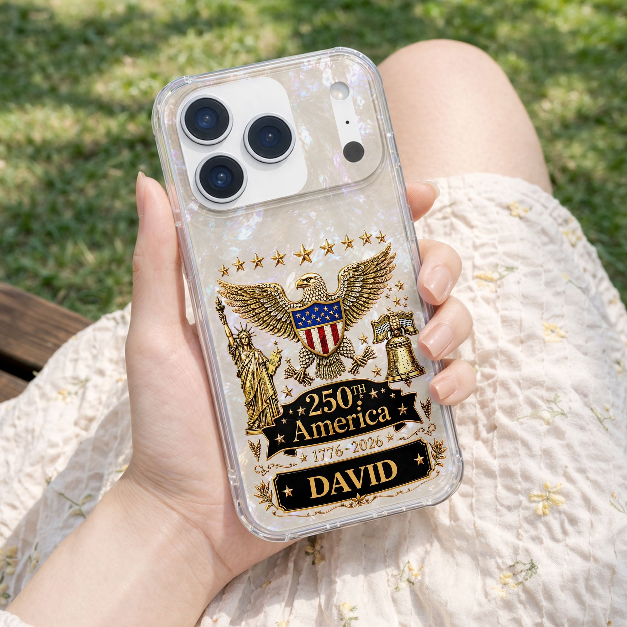 Personalized Clear Phone Case Eagle Statue Liberty Bell Gift for Dad