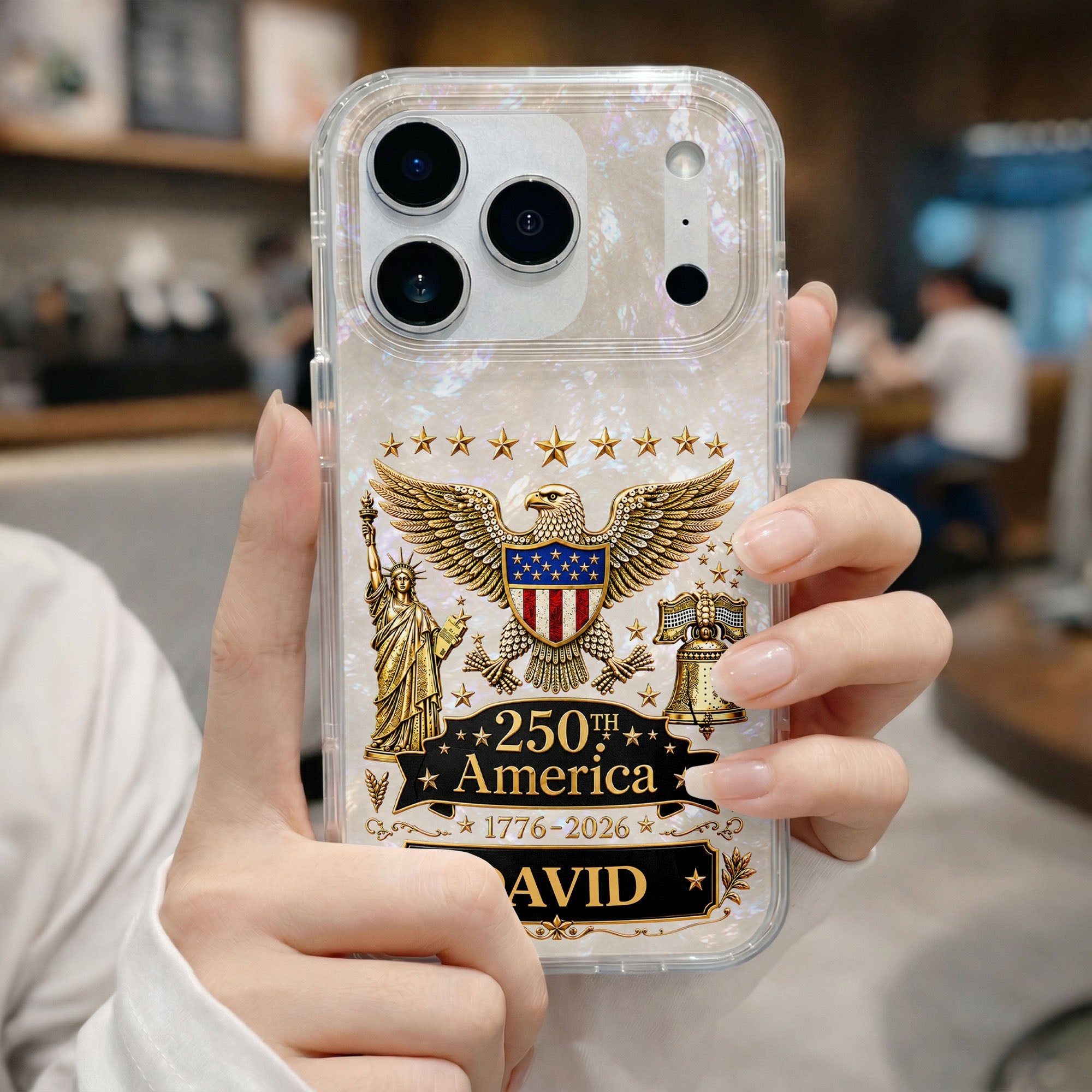 Personalized Clear Phone Case Eagle Statue Liberty Bell Gift for Dad