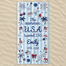 Load image into Gallery viewer, Personalized USA Flag Microfiber Beach Towel Gift for Family
