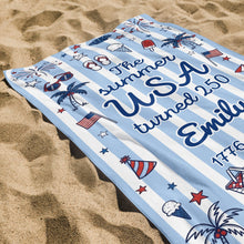 Load image into Gallery viewer, Personalized USA Flag Microfiber Beach Towel Gift for Family
