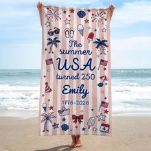 Load image into Gallery viewer, Personalized USA Flag Microfiber Beach Towel Gift for Family
