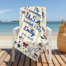 Load image into Gallery viewer, Personalized USA Flag Microfiber Beach Towel Gift for Family
