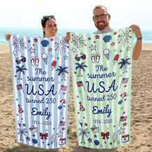 Load image into Gallery viewer, Personalized USA Flag Microfiber Beach Towel Gift for Family

