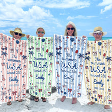 Load image into Gallery viewer, Personalized USA Flag Microfiber Beach Towel Gift for Family
