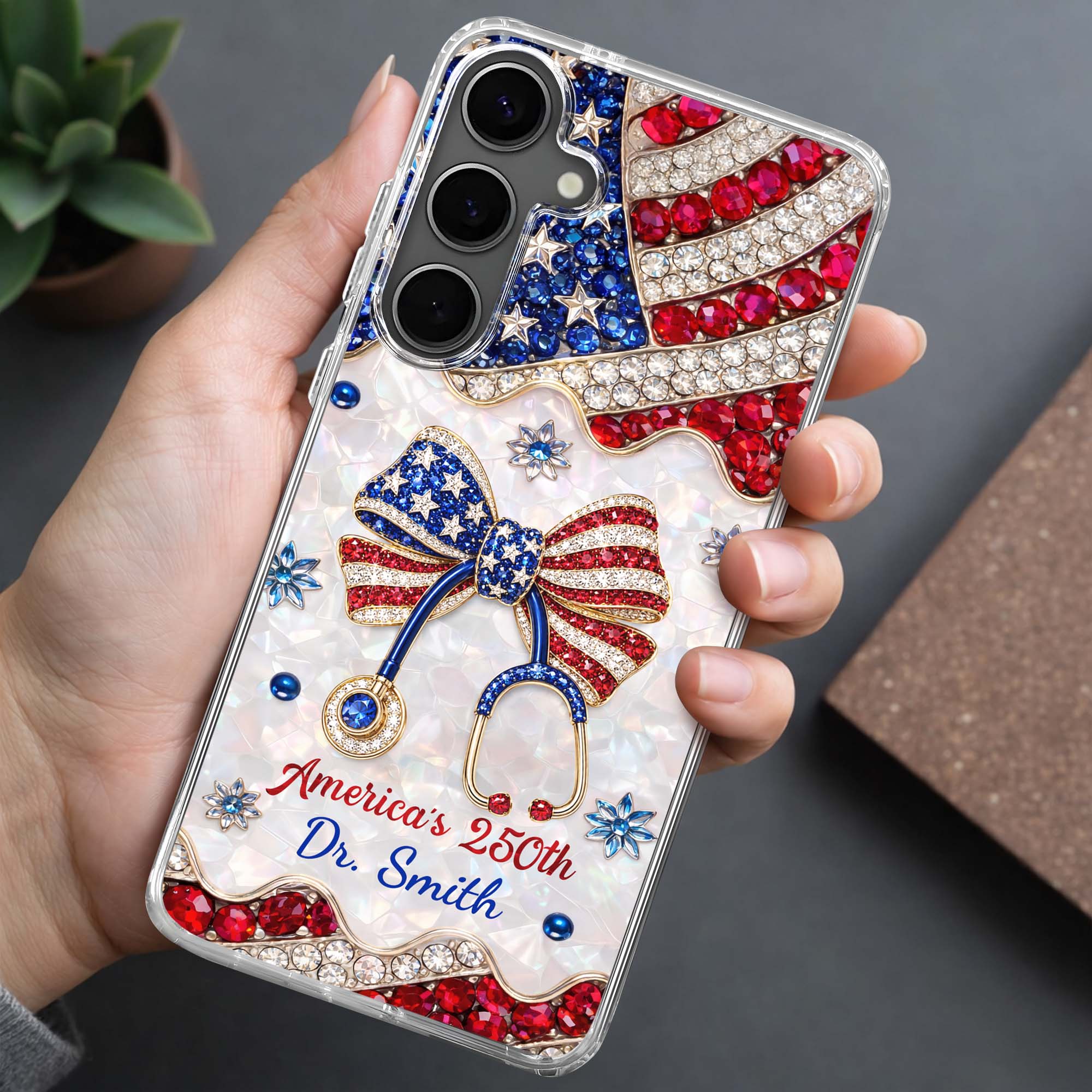 Personalized Clear Phone Case with Crystals for Doctor | 4th of July Gift