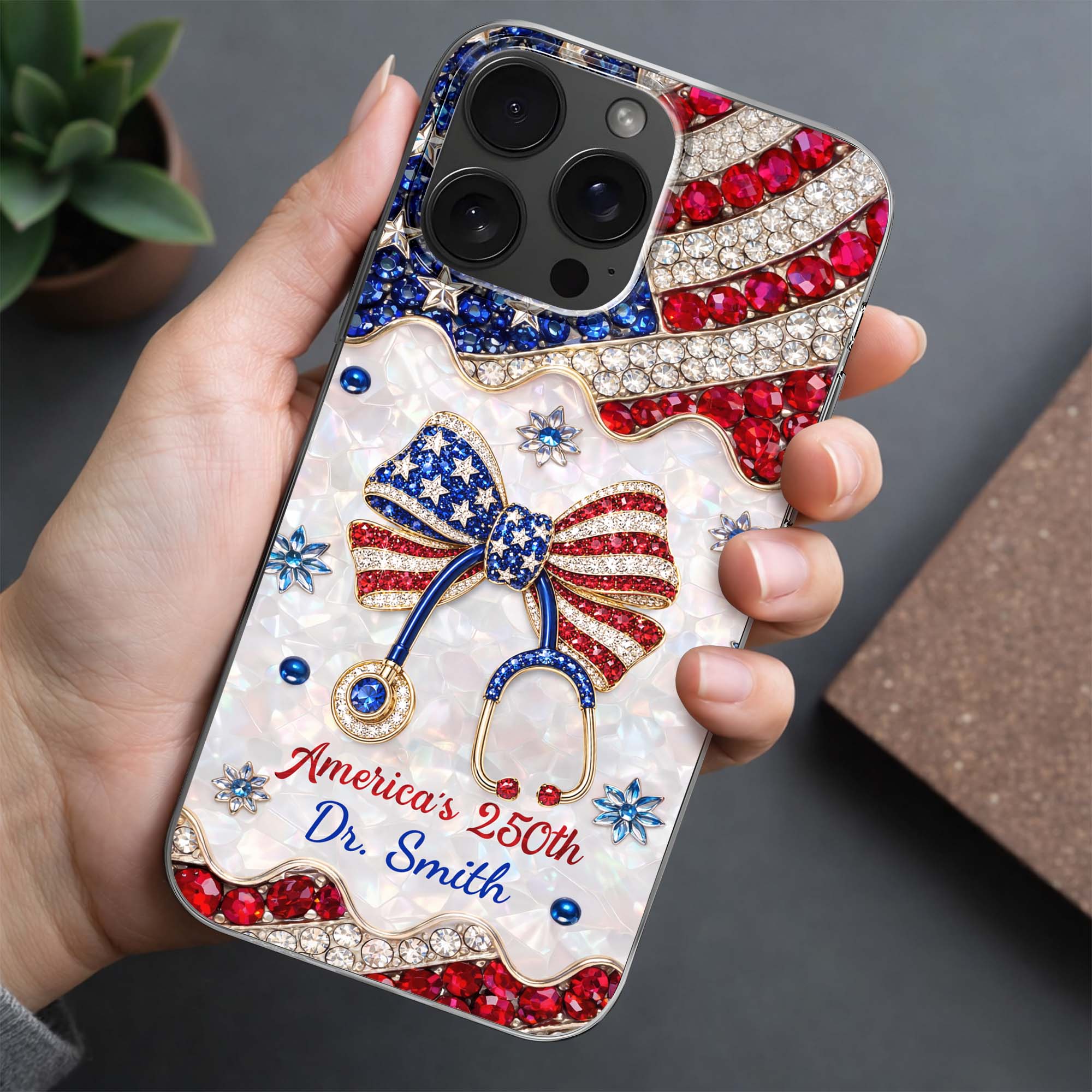 Personalized Clear Phone Case with Crystals for Doctor | 4th of July Gift