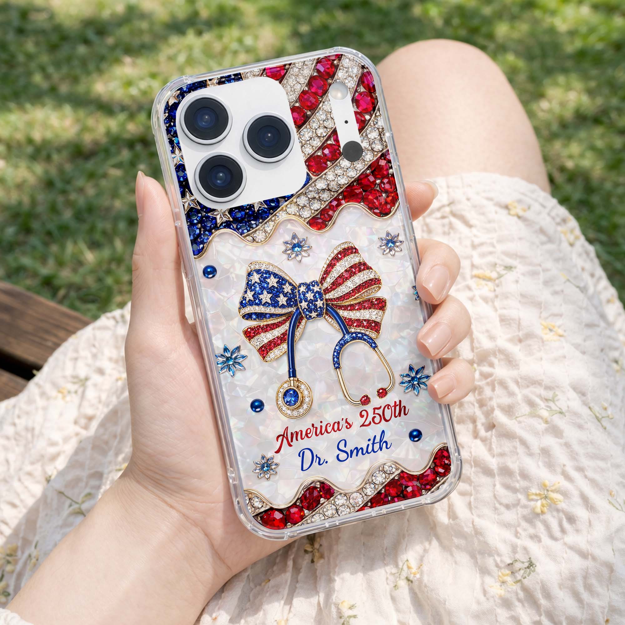 Personalized Clear Phone Case with Crystals for Doctor | 4th of July Gift