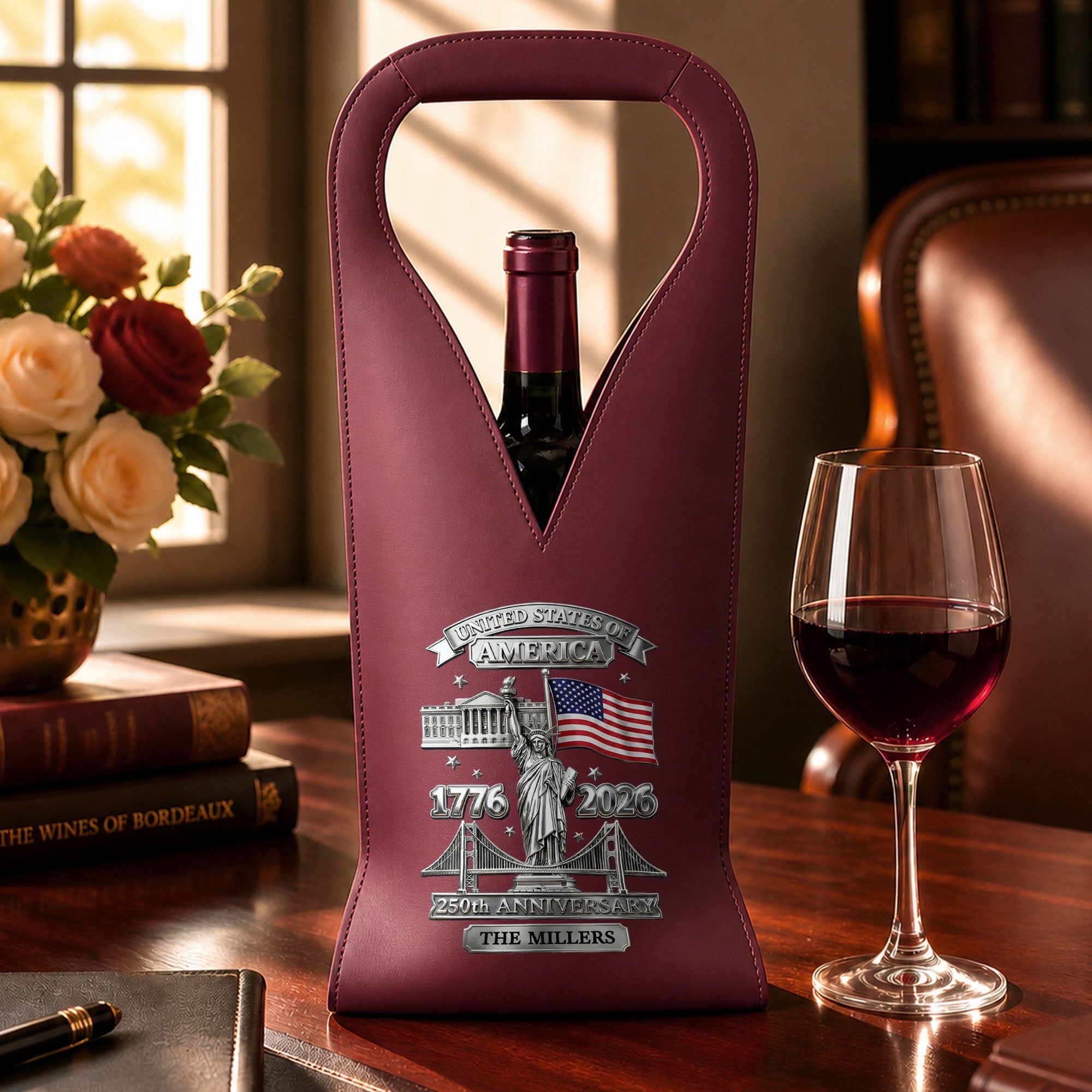 Personalized Leather Wine Bag Custom Name USA Flag Gift