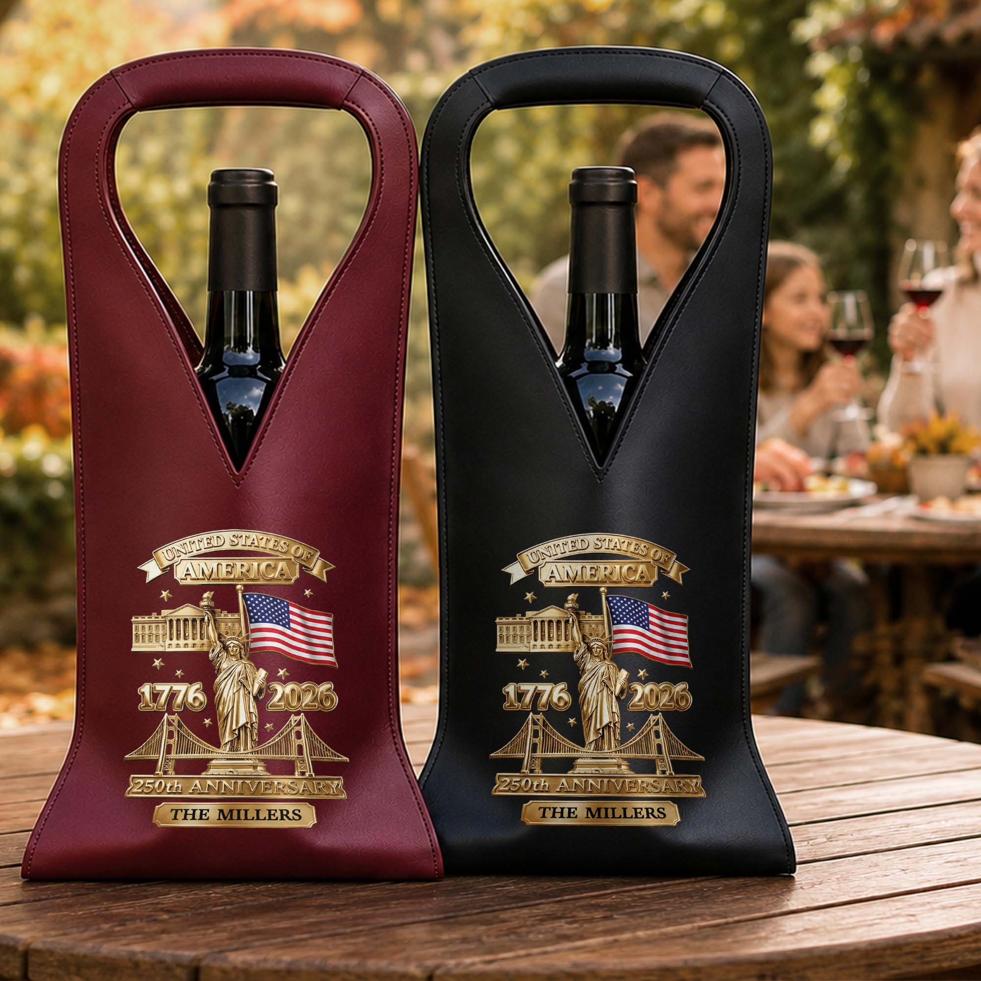 Personalized Leather Wine Bag Custom Name USA Flag Gift