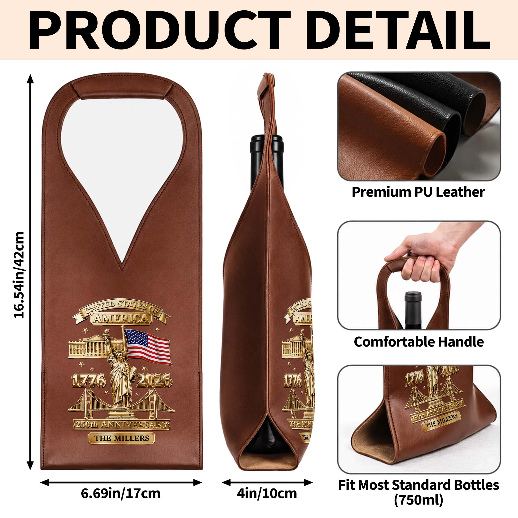 Personalized Leather Wine Bag Custom Name USA Flag Gift