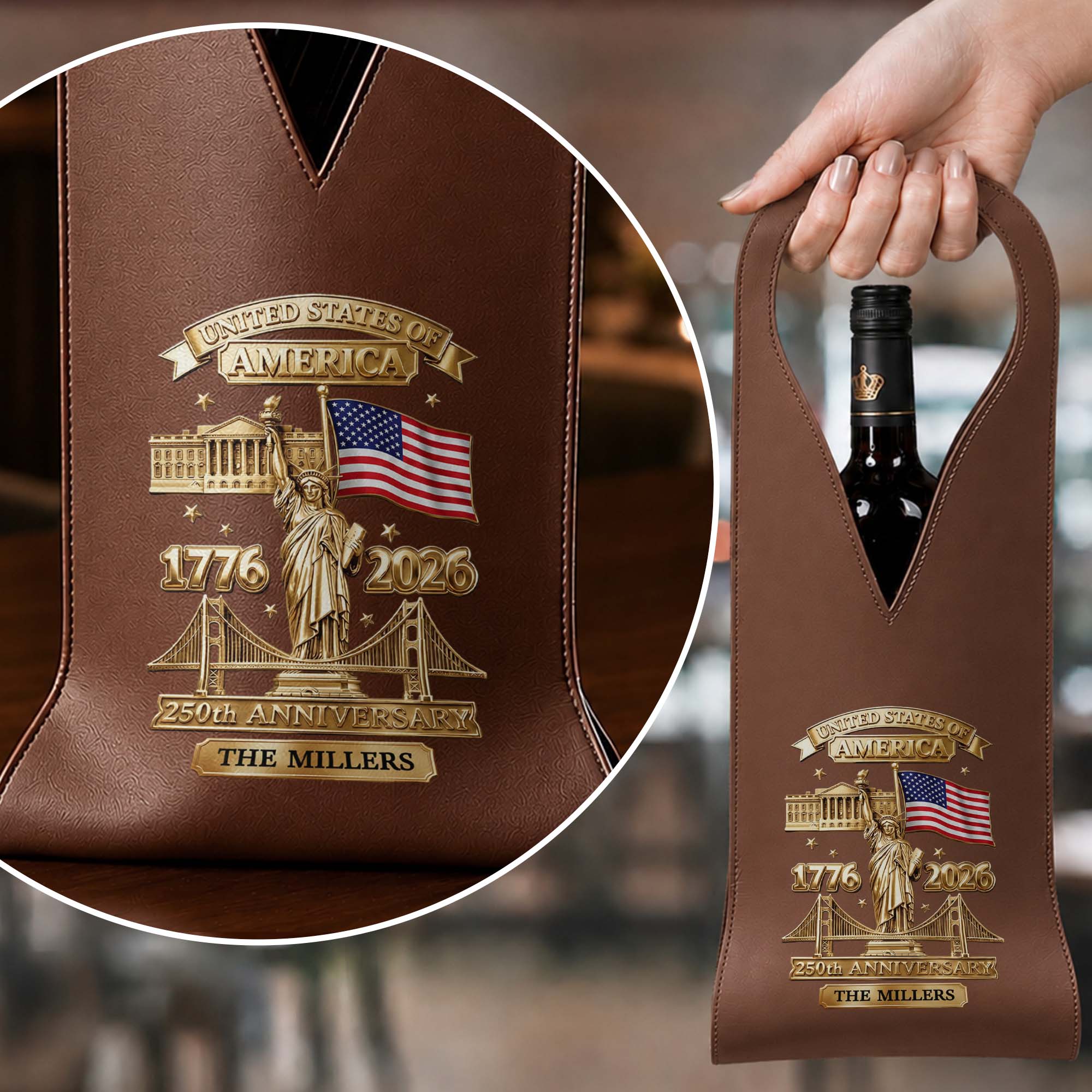 Personalized Leather Wine Bag Custom Name USA Flag Gift