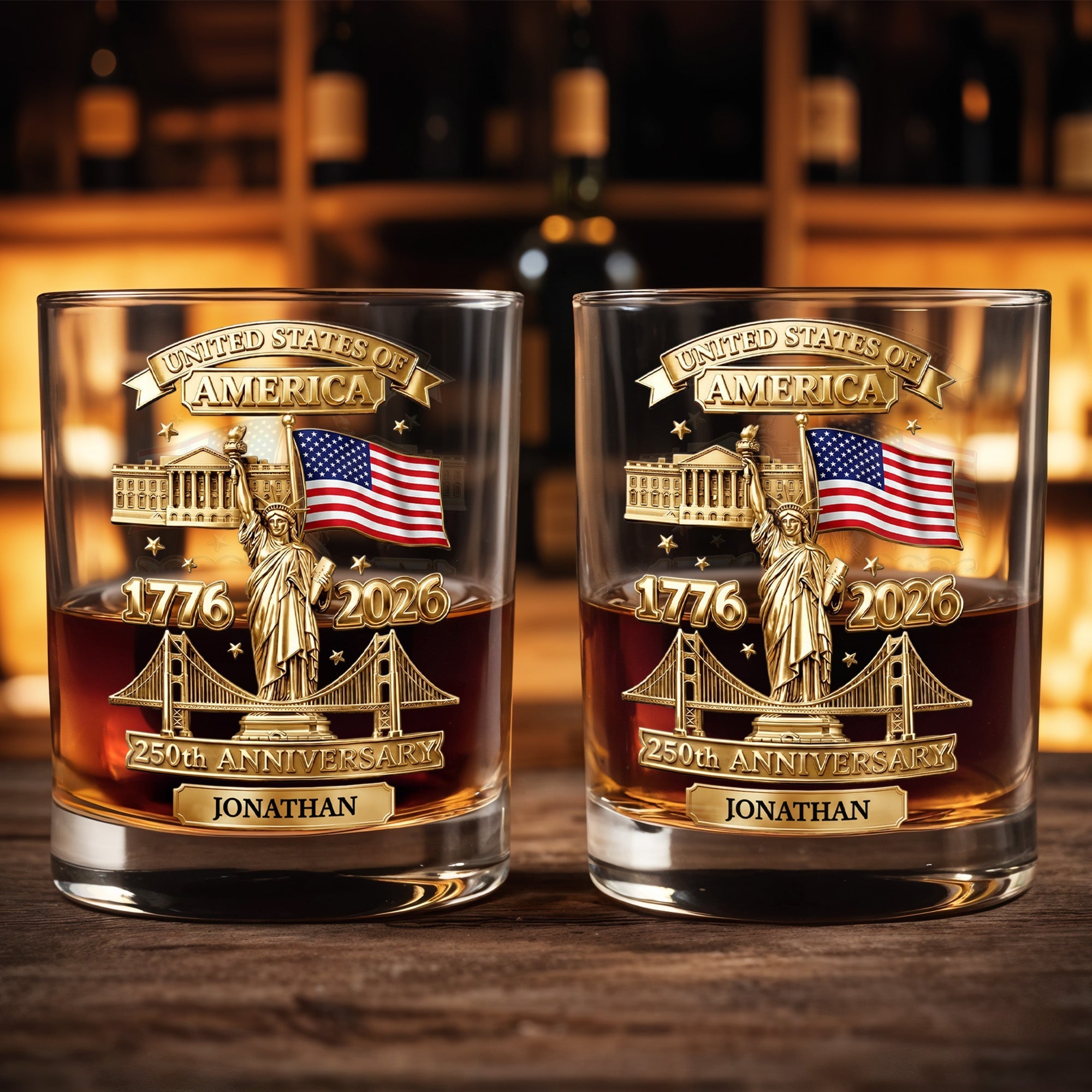 Personalized Whiskey Glass Custom Family Name USA Flag Gift for Dad