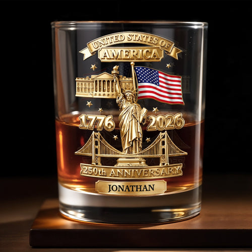 Personalized Whiskey Glass Custom Family Name USA Flag Gift for Dad
