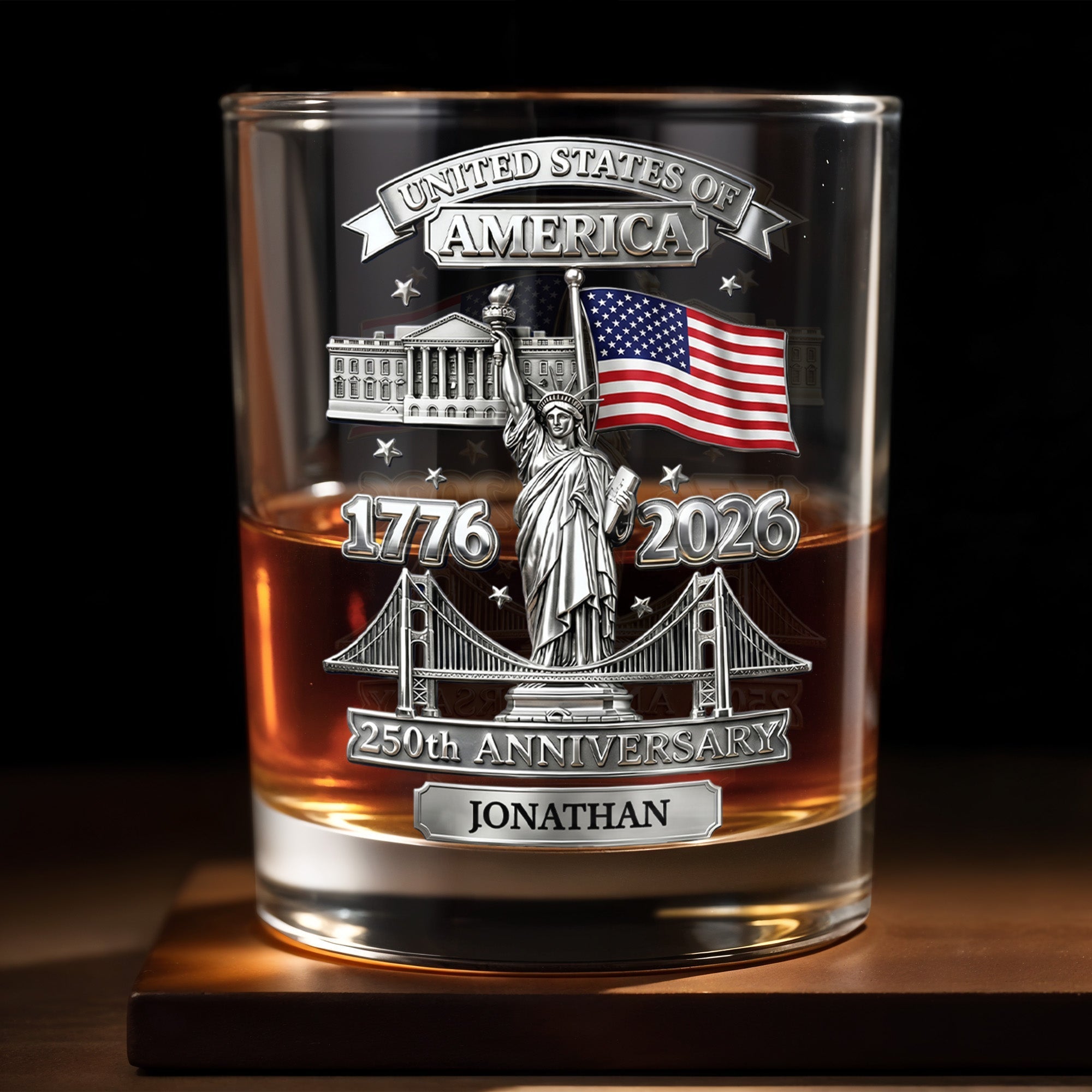 Personalized Whiskey Glass Custom Family Name USA Flag Gift for Dad