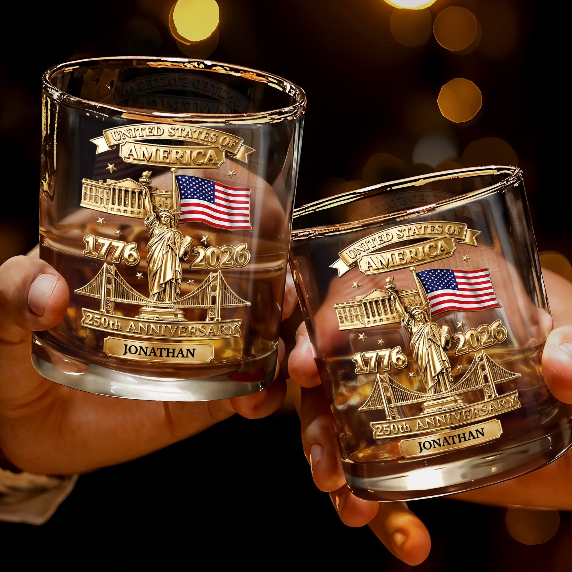 Personalized Whiskey Glass Custom Family Name USA Flag Gift for Dad