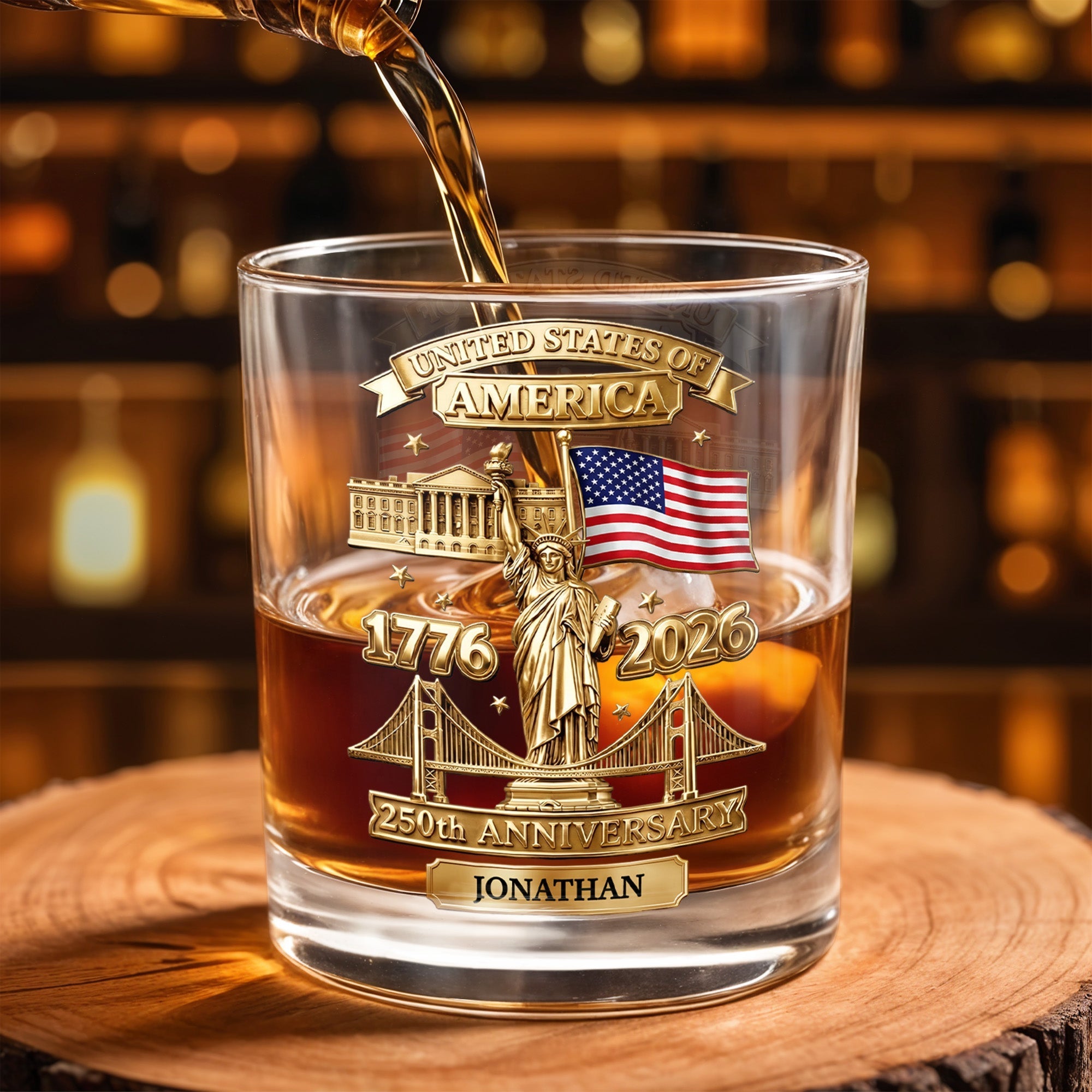 Personalized Whiskey Glass Custom Family Name USA Flag Gift for Dad