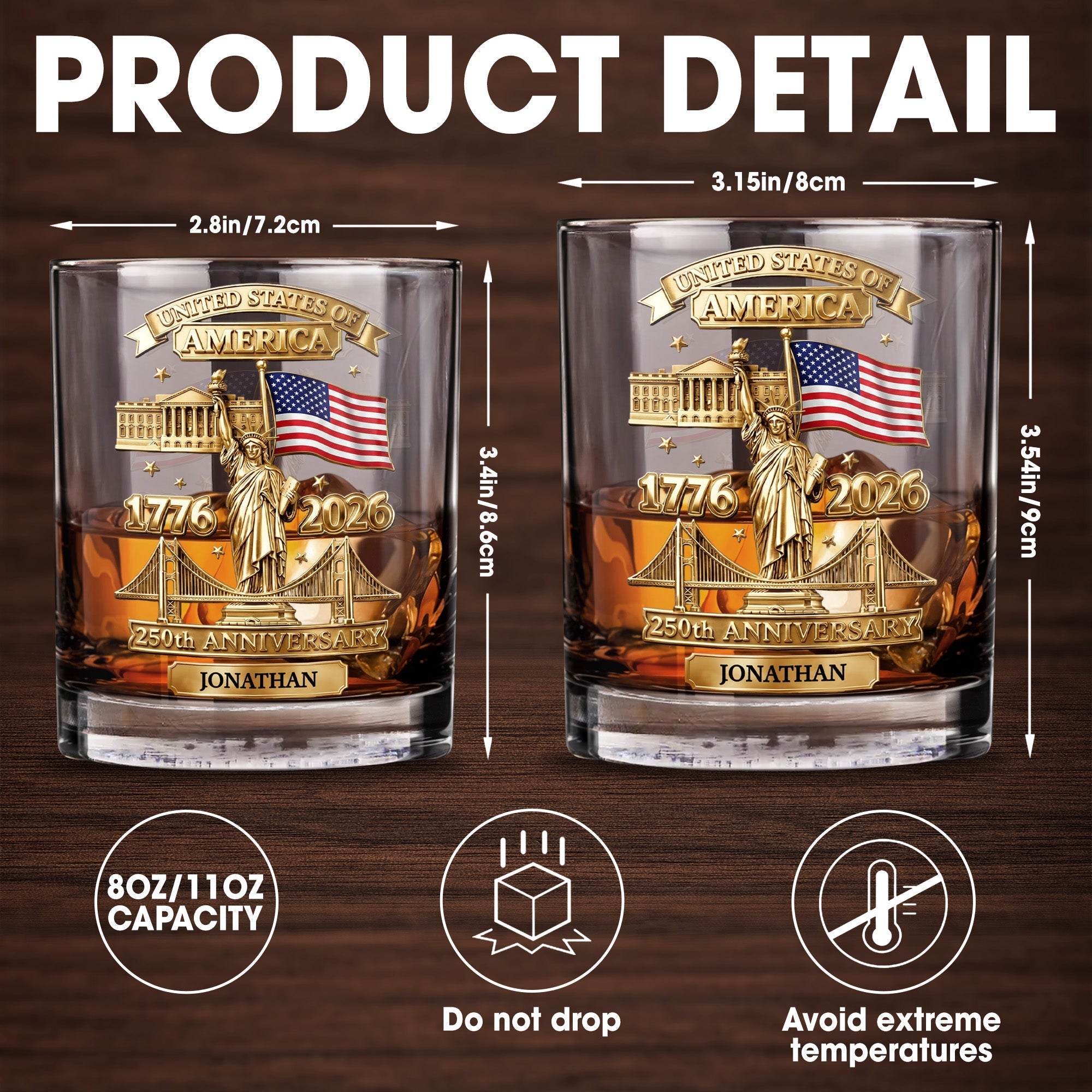 Personalized Whiskey Glass Custom Family Name USA Flag Gift for Dad