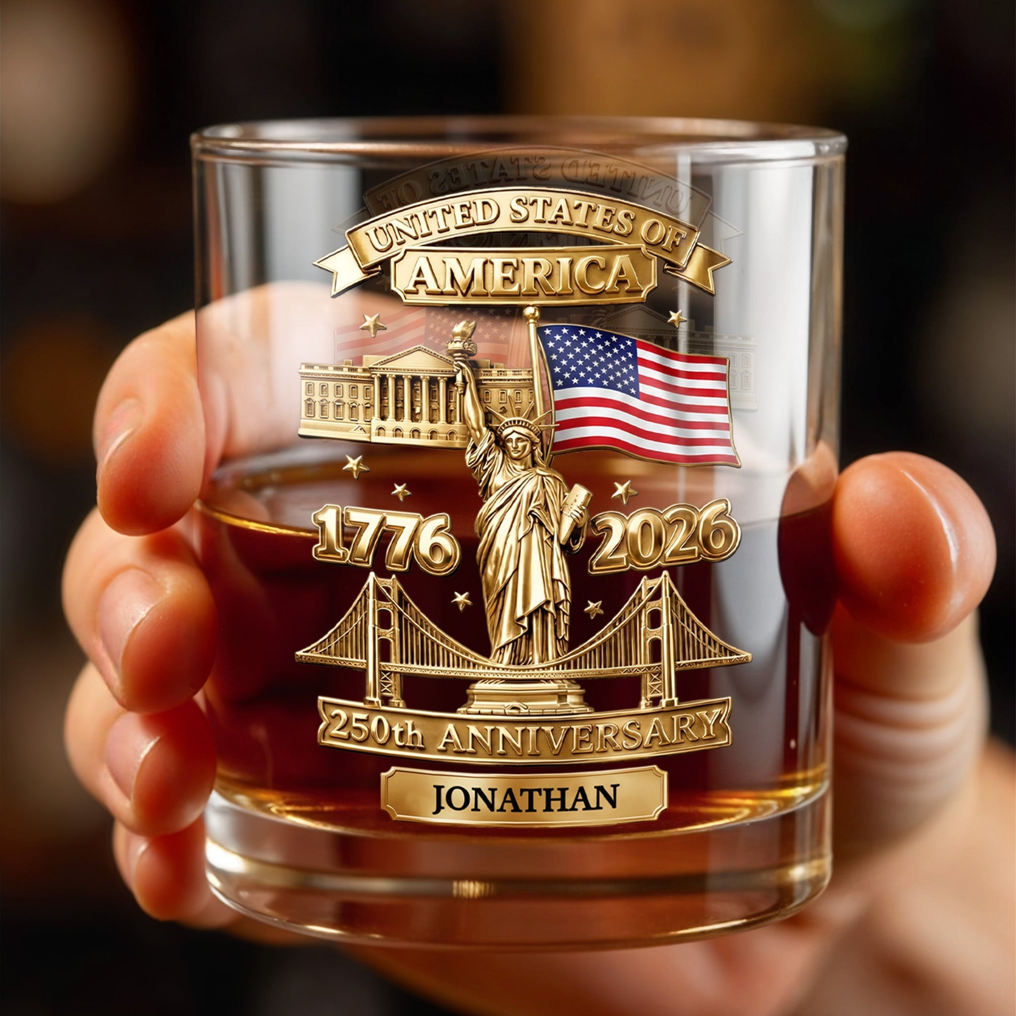 Personalized Whiskey Glass Custom Family Name USA Flag Gift for Dad