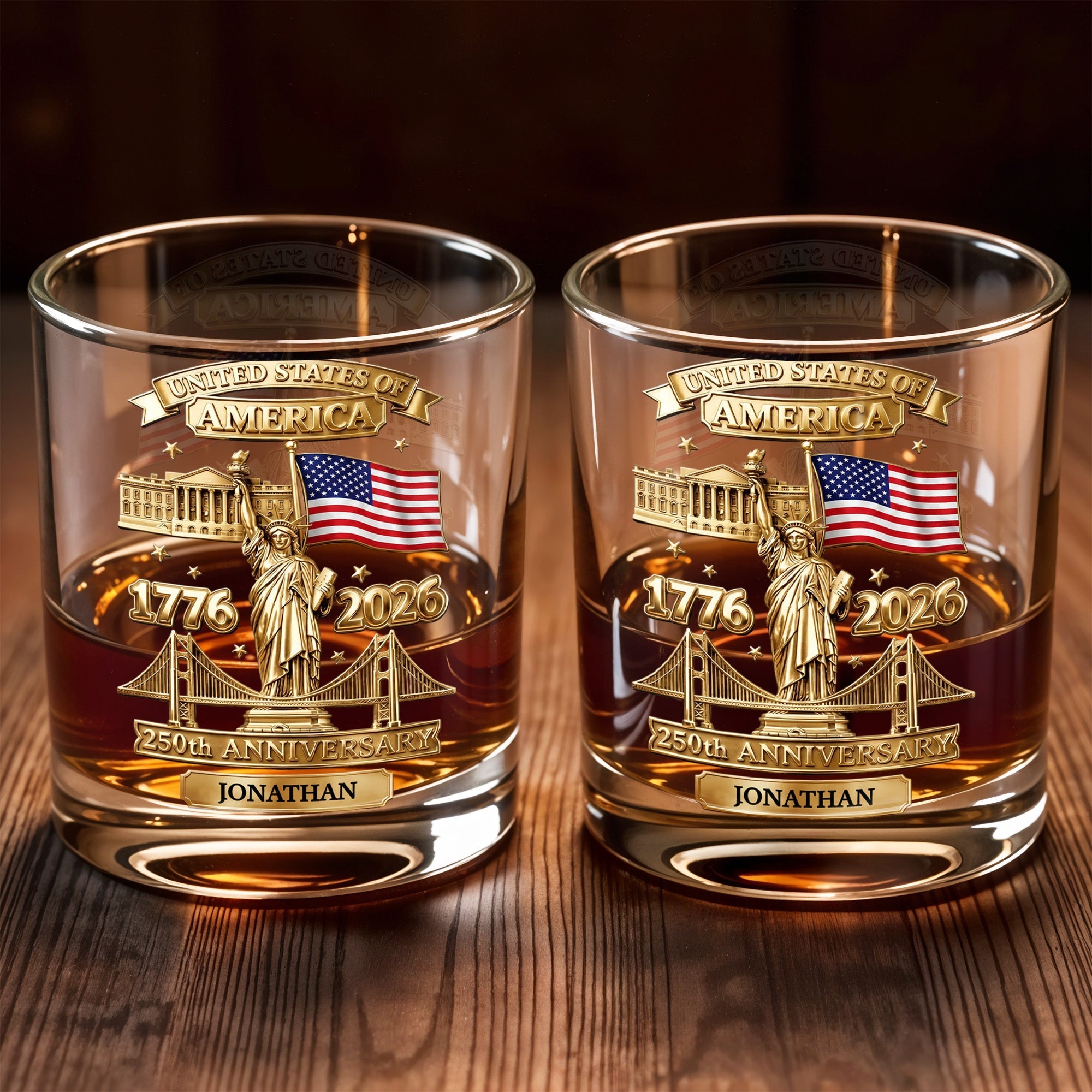 Personalized Whiskey Glass Custom Family Name USA Flag Gift for Dad
